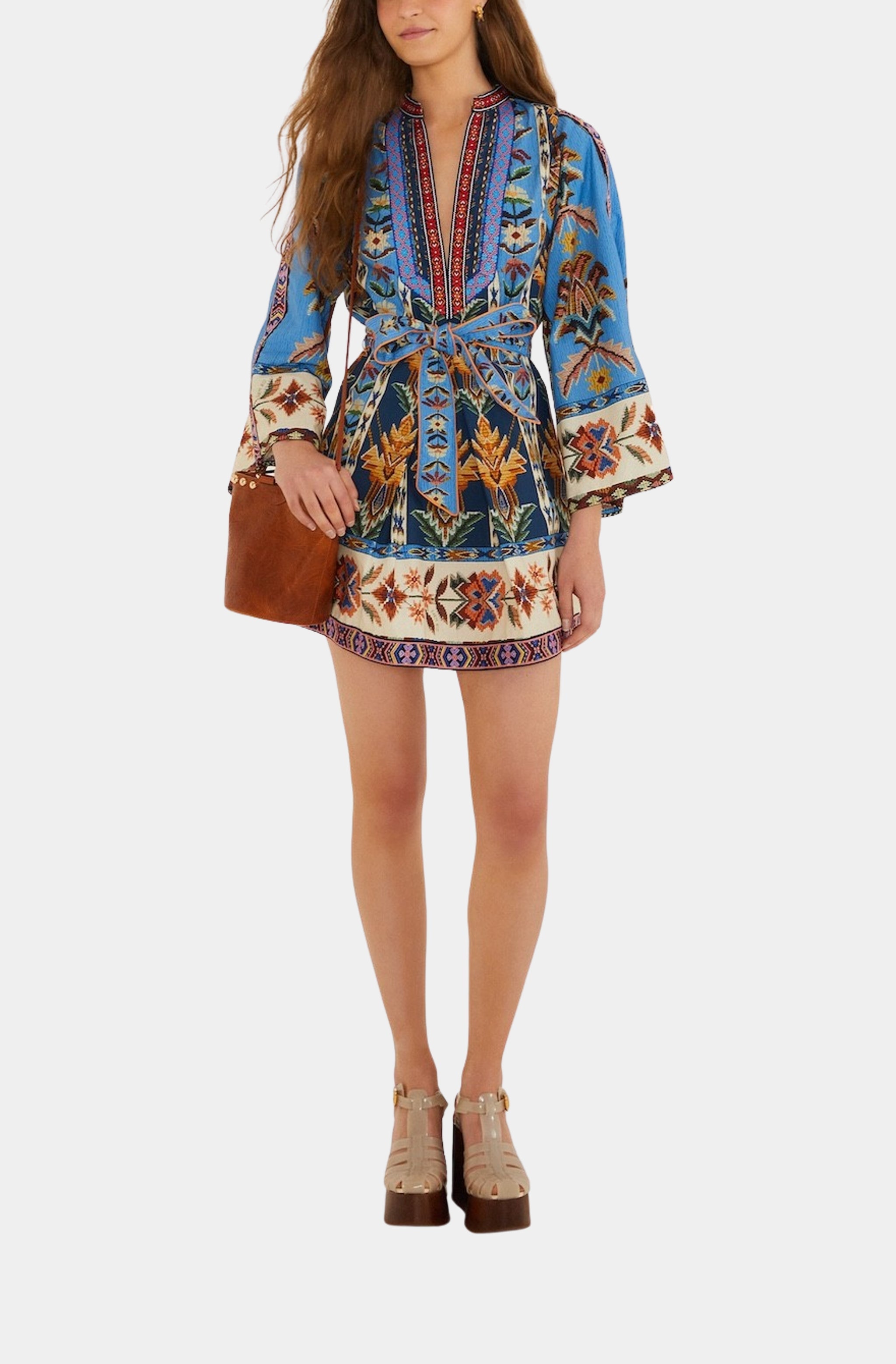 knee length dresses for ladies Embroidered Tapestry Blue Mini Dress