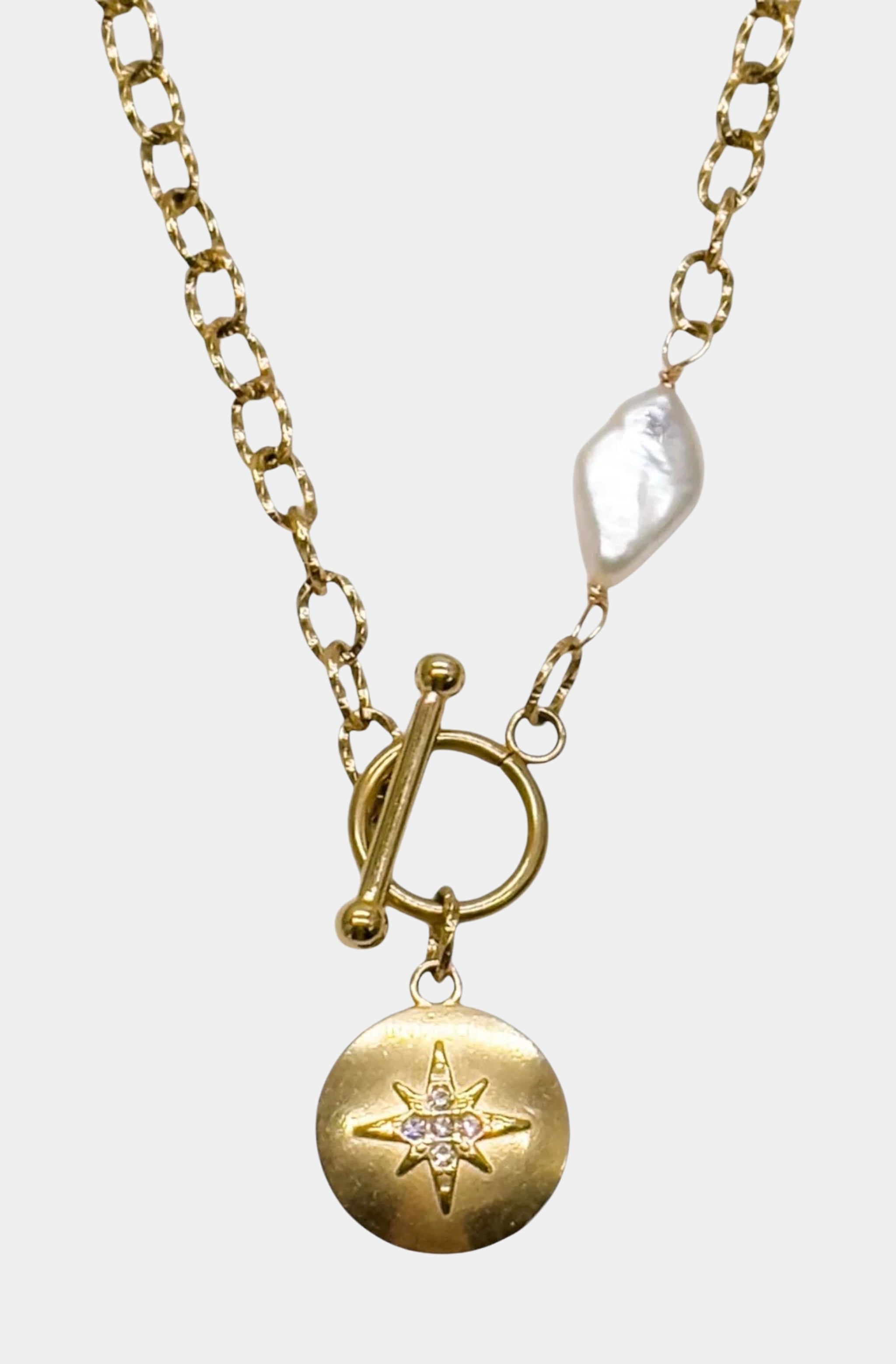 Amber North Star Pearl Coin Toggle Necklace