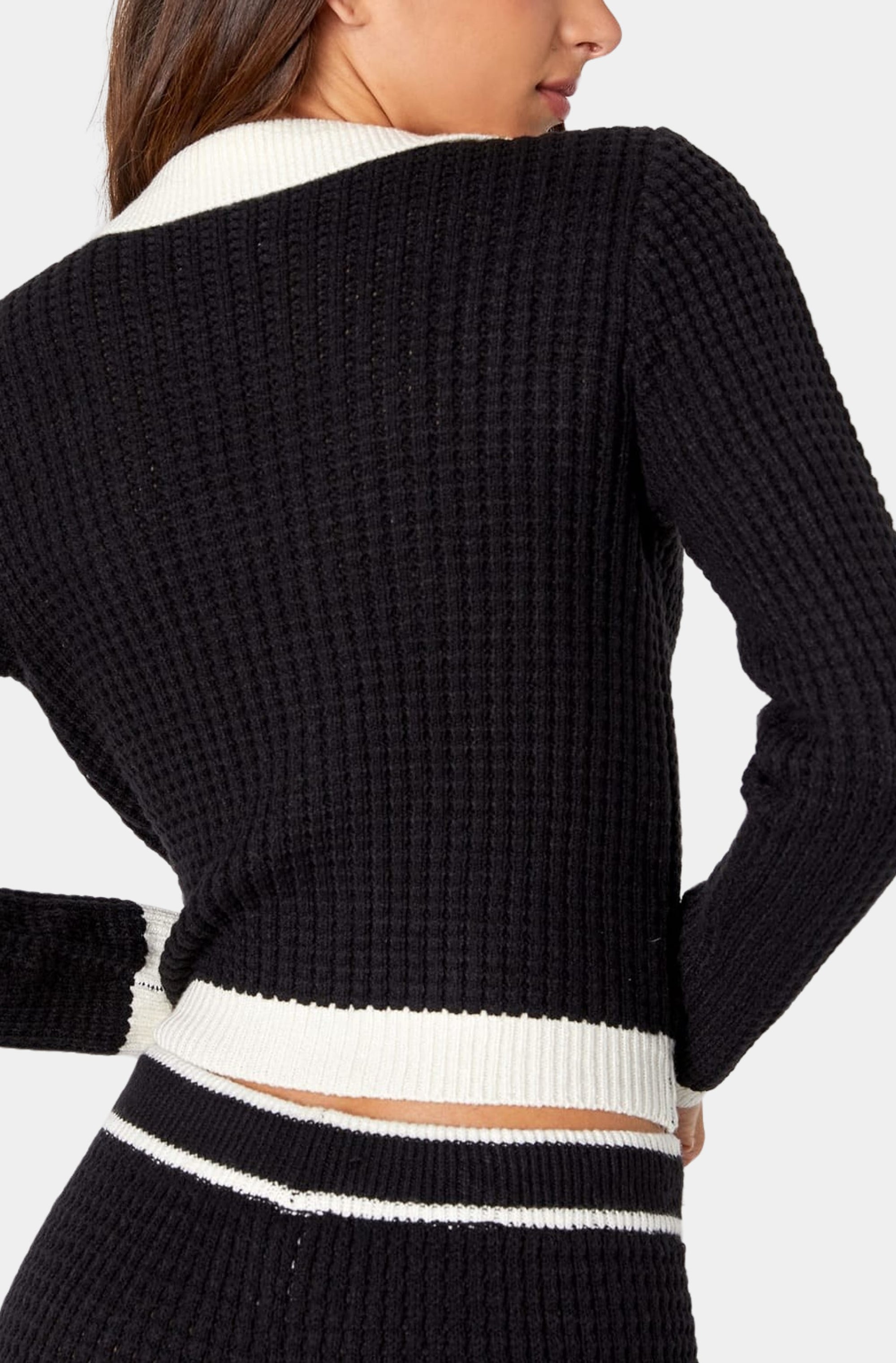 Sophisticated Comfort Black Color Block Waffle Knit Cardigan