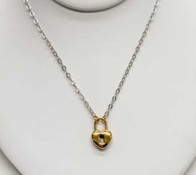 Charming Mixed Metal Heart Padlock Necklace