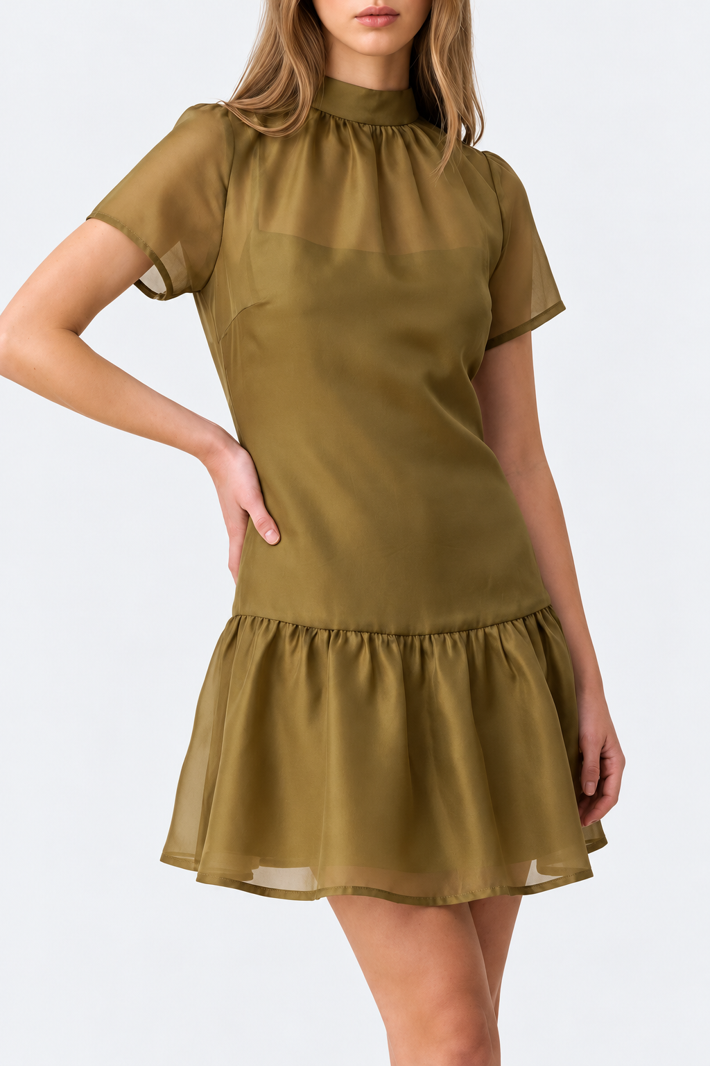 Evadelle Dress in Olive, front view