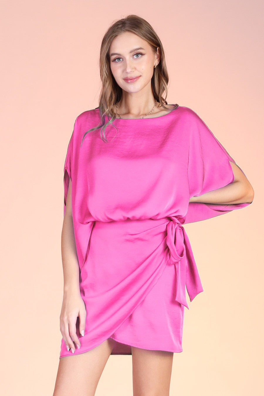 Washed Poly Silk Boat Neck Wrap Dress